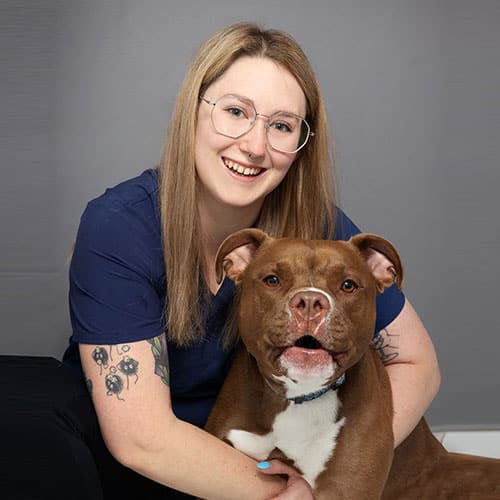 A smiling woman with long blonde hair, glasses, and tattoos on her arms sits in front of a gray background, hugging a brown and white dog.