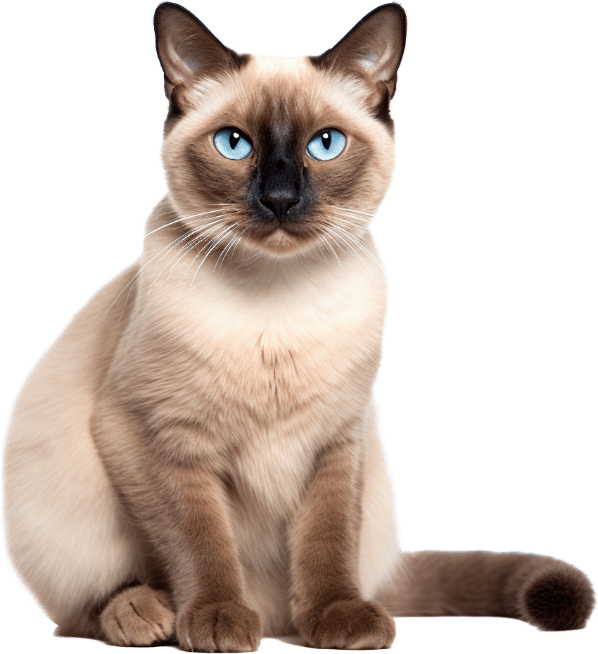 A Siamese cat with cream-colored fur, dark brown ears, face, paws, and tail, and striking bright blue eyes sits facing forward against a white background.