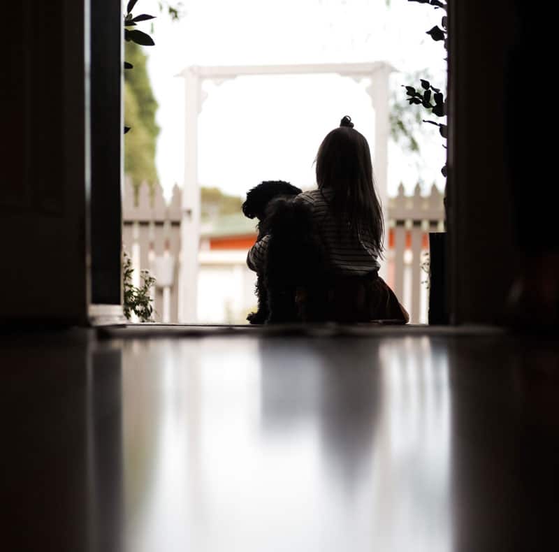A young child sits on the floor facing outside, holding a small dog in their lap as if caring for it like a vet, with light streaming in through an open doorway and a white picket fence visible in the background.